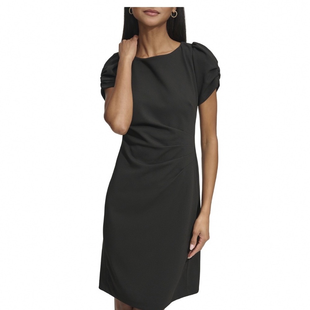 Karl Lagerfeld Paris Ruched Sleeve Sheath Dress Black Scuba‎ Crepe Size 8 NEW